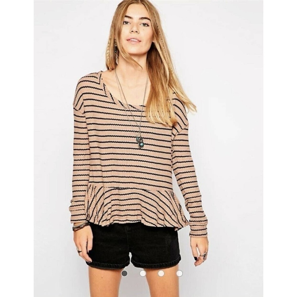 We the Free Auntie Em Waffle Knit Peplum Top Blouse Long Sleeved Raw Hem Medium